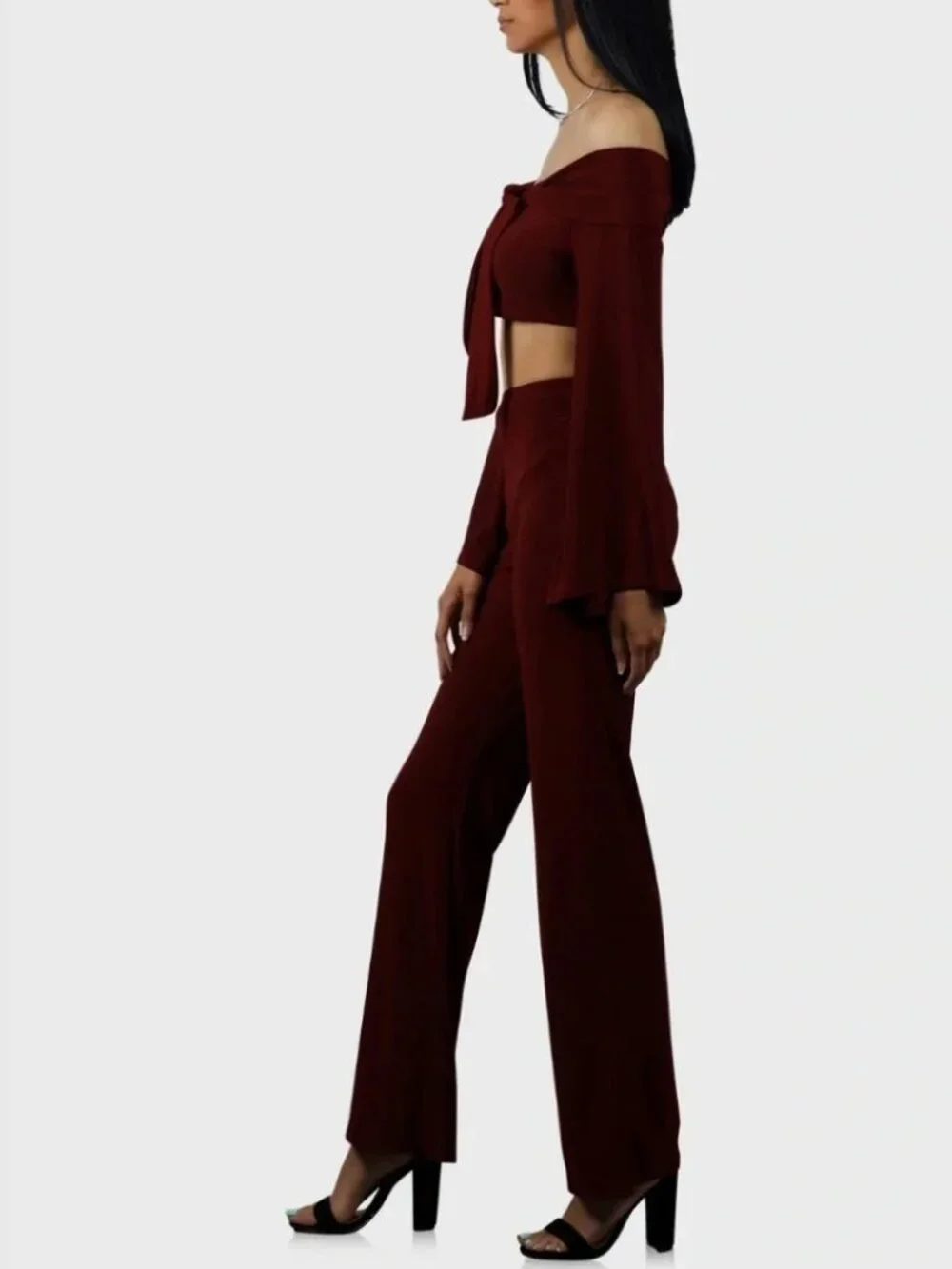 Burgundy Off Shoulder Bell Sleeve Crop Top Medium NWT